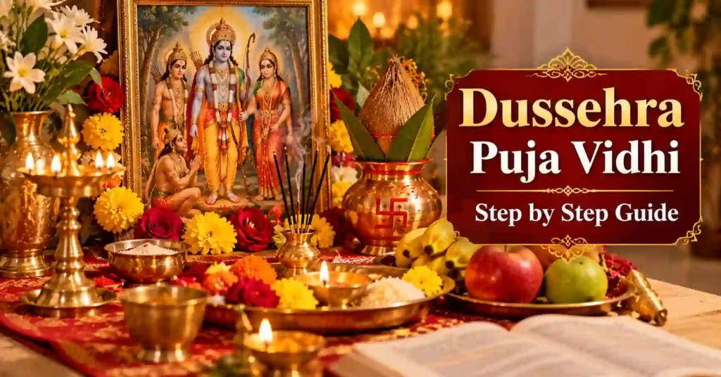 Traditional Dussehra puja arrangement with Lord Rama's image, lit diyas, flowers, incense and fruits