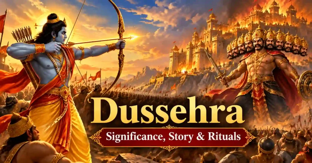 Lord Rama aiming his bow at ten-headed Ravana during the epic battle of Dussehra