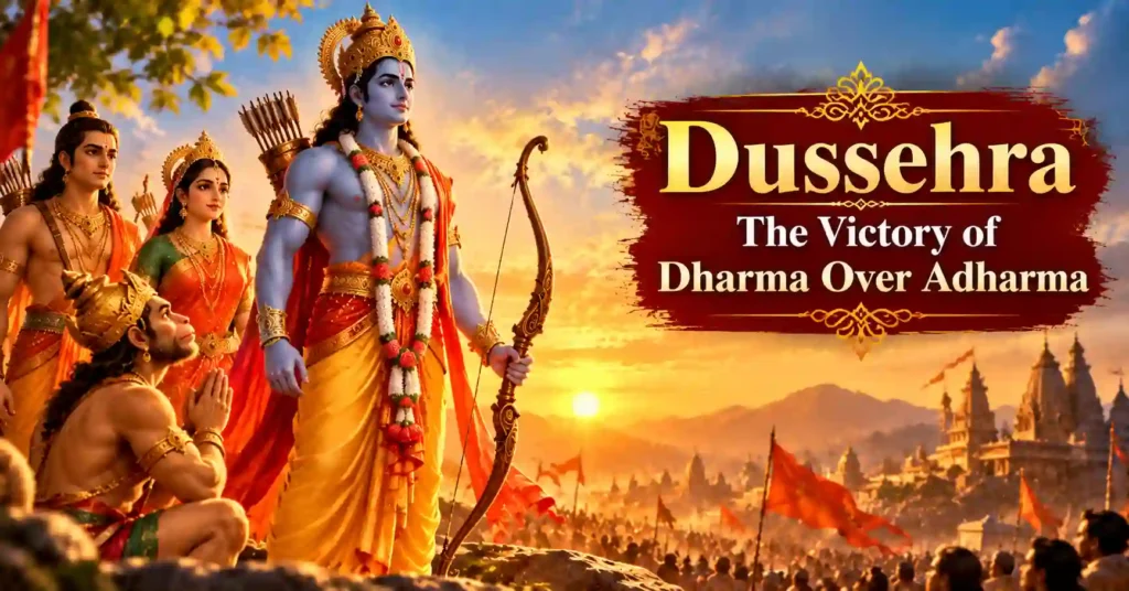 Lord Rama standing peacefully with his bow, symbolising the victory of dharma over adharma