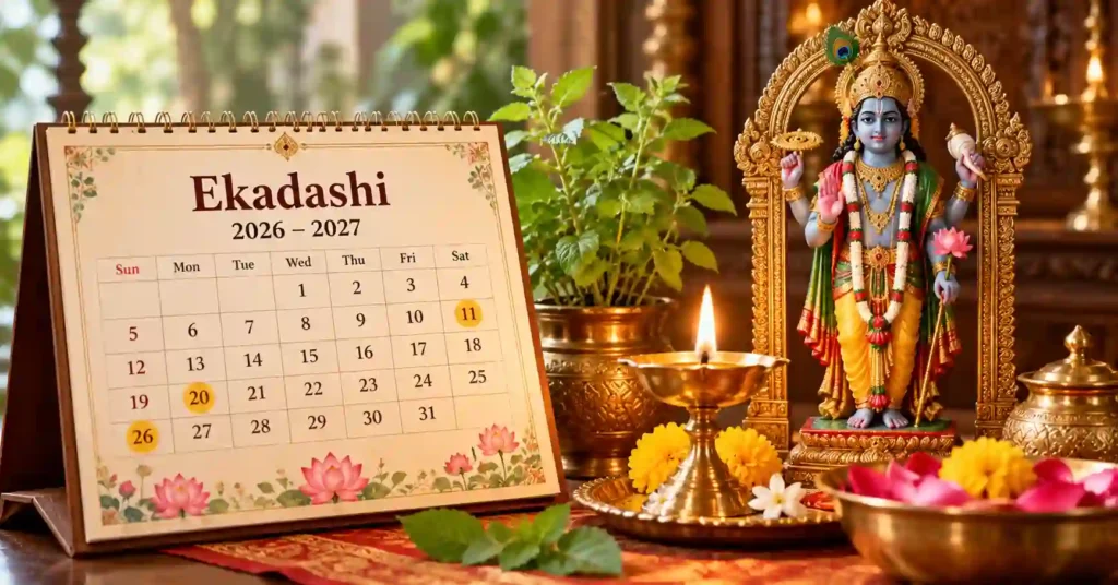 Hindu Ekadashi calendar beside a brass diya, Tulsi plant, and Lord Vishnu idol