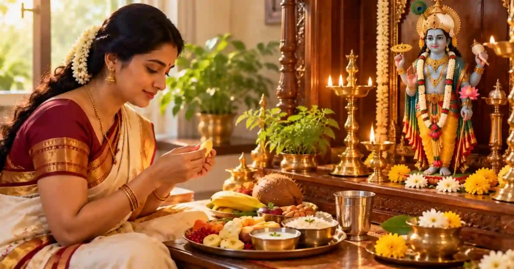 Devotee breaking the Ekadashi fast with fruit after morning prayers before Lord Vishnu