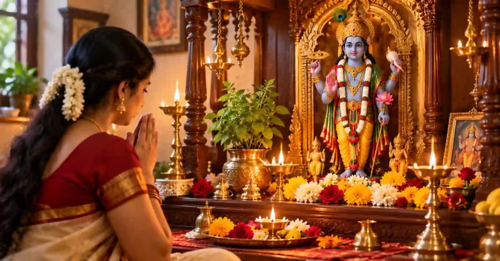Devotee praying before Lord Vishnu in a home mandir decorated with flowers and lit diyas