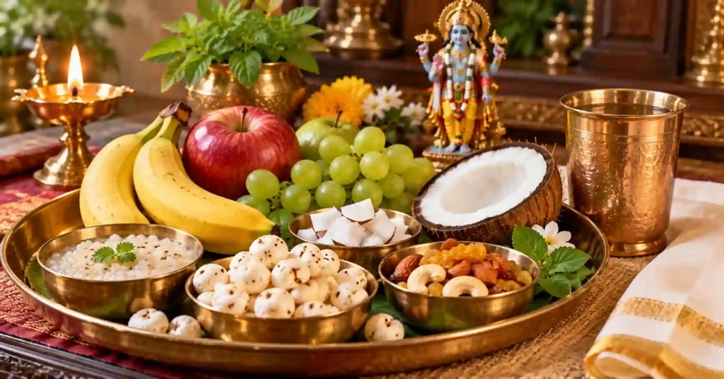 Ekadashi fasting thali with fruits, makhana, coconut, nuts, and water