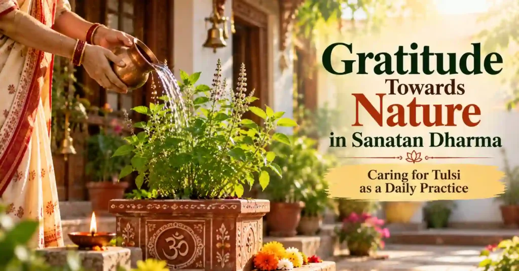Woman watering a Tulsi plant in a traditional Indian courtyard