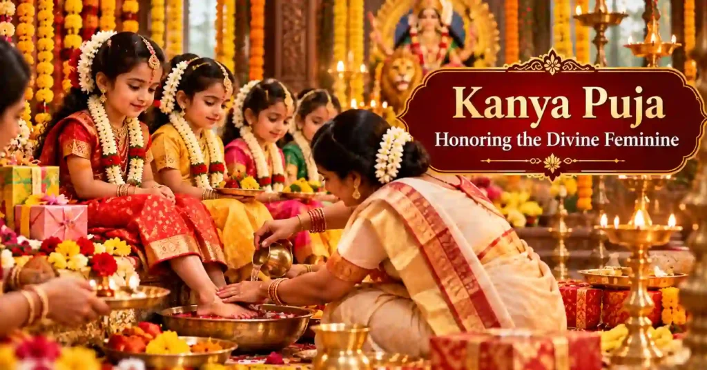 Young girls worshipped during Kanya Puja on Durga Ashtami as devotees offer flowers, prasad and gifts