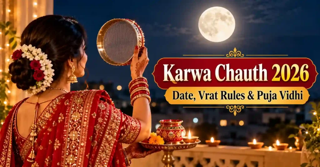 Karwa Chauth 2026 featured image showing a married Indian woman in a red saree holding a decorated sieve beneath the full moon.
