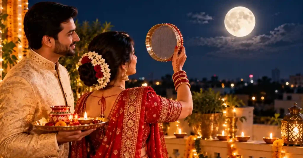 Indian wife viewing the full moon through a sieve while her husband holds a puja thali during the Karwa Chauth moonrise ritual.