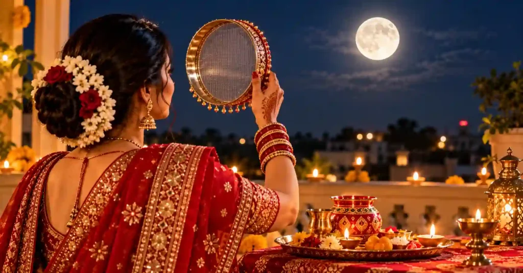 Married Indian woman in a red saree looking at the full moon through a decorated sieve during Karwa Chauth.