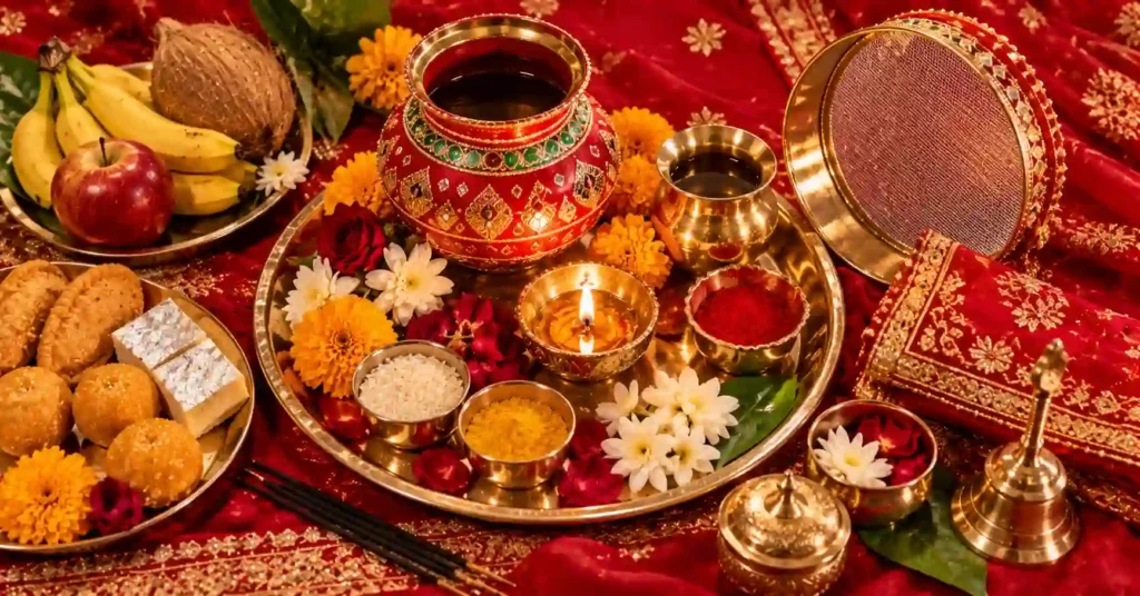 Karwa Chauth puja samagri arranged on red cloth with a decorated Karwa pot, brass thali, diya, rice, roli, flowers, and sweets.