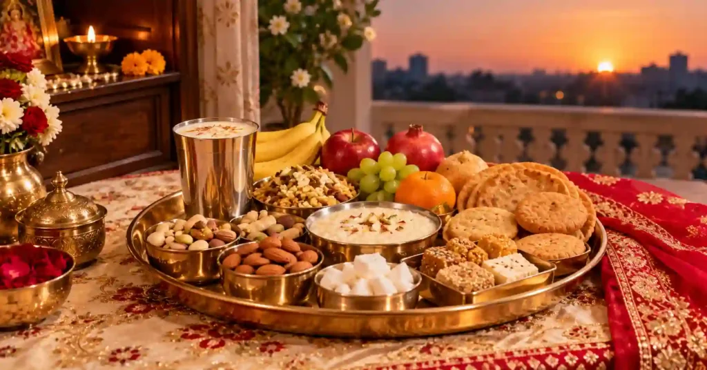 Traditional Karwa Chauth Sargi thali with fruits, dry fruits, sweets, mathri, and other foods before sunrise.