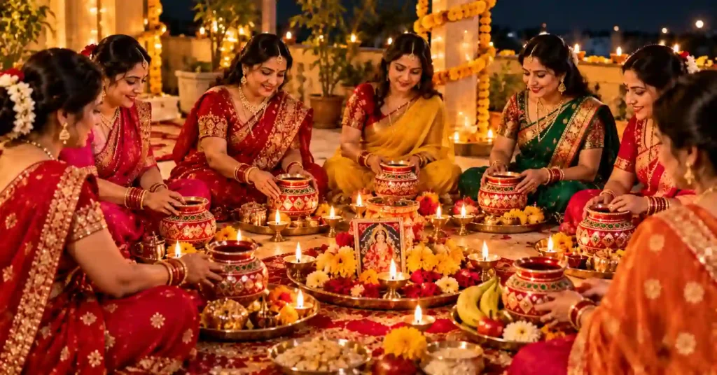 Married Indian women in colourful sarees performing Karwa Chauth puja together with decorated Karwas, flowers, and lit diyas.