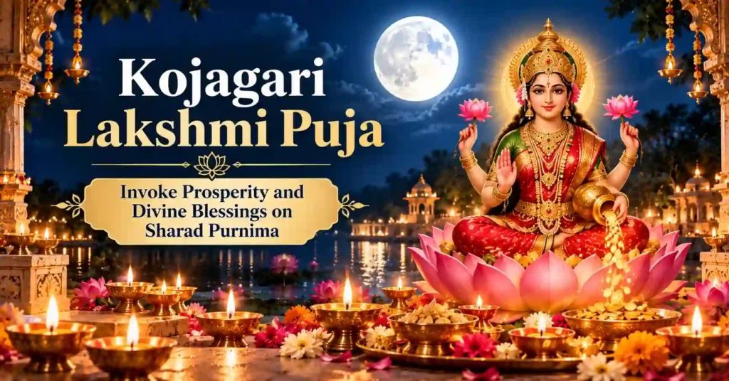 Maa Lakshmi seated on a lotus surrounded by glowing diyas during Kojagari Lakshmi Puja