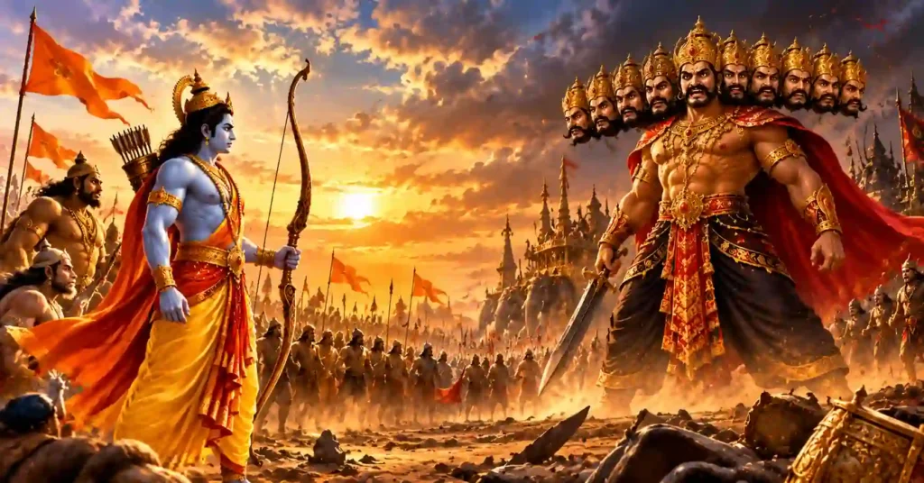 Lord Rama facing ten-headed Ravana on the battlefield in a traditional Ramayana-inspired scene