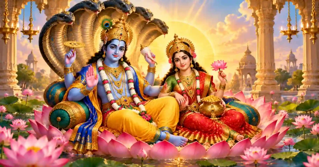Lord Vishnu and Goddess Lakshmi seated on a lotus throne surrounded by lotus flowers and golden light