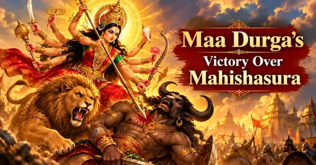 Maa Durga riding her lion and defeating Mahishasura, symbolising the victory of good over evil