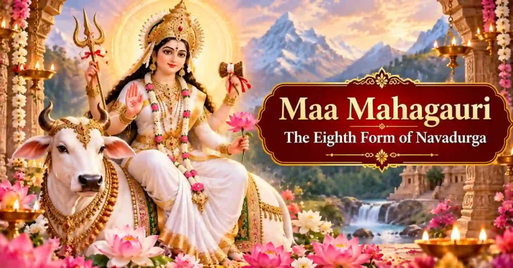 Maa Mahagauri seated on a white bull holding a trident and damru, worshipped on Durga Ashtami