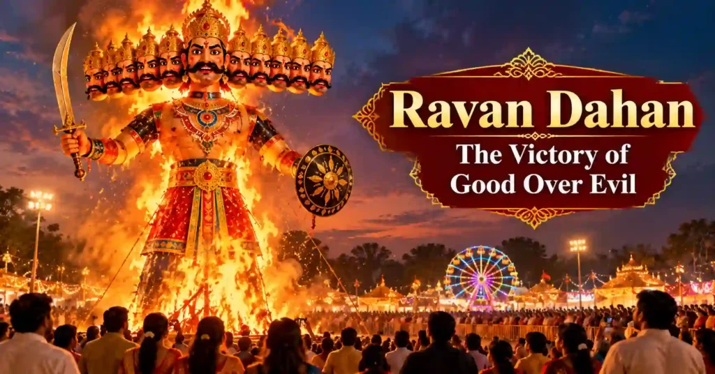 Burning Ravana effigy during a traditional Dussehra celebration as families watch from a safe distance