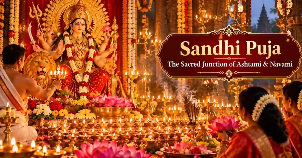 Sacred Sandhi Puja during Durga Ashtami with glowing diyas, lotus flowers and devotees in prayer