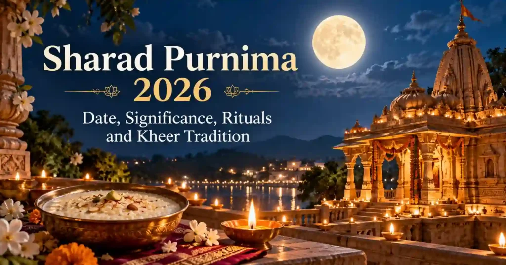 Sharad Purnima 2026 full moon shining above a traditional Indian temple with glowing diyas