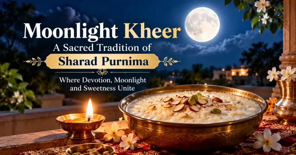 Traditional rice kheer placed under moonlight with a glowing diya on Sharad Purnima