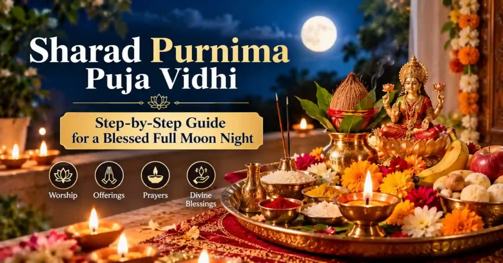 Sharad Purnima puja thali arranged with flowers, rice, fruits, offerings and a lit diya