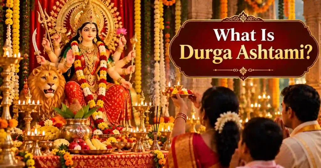 Devotees performing Durga Ashtami puja before a beautifully decorated Maa Durga idol with diyas, flowers and kalash